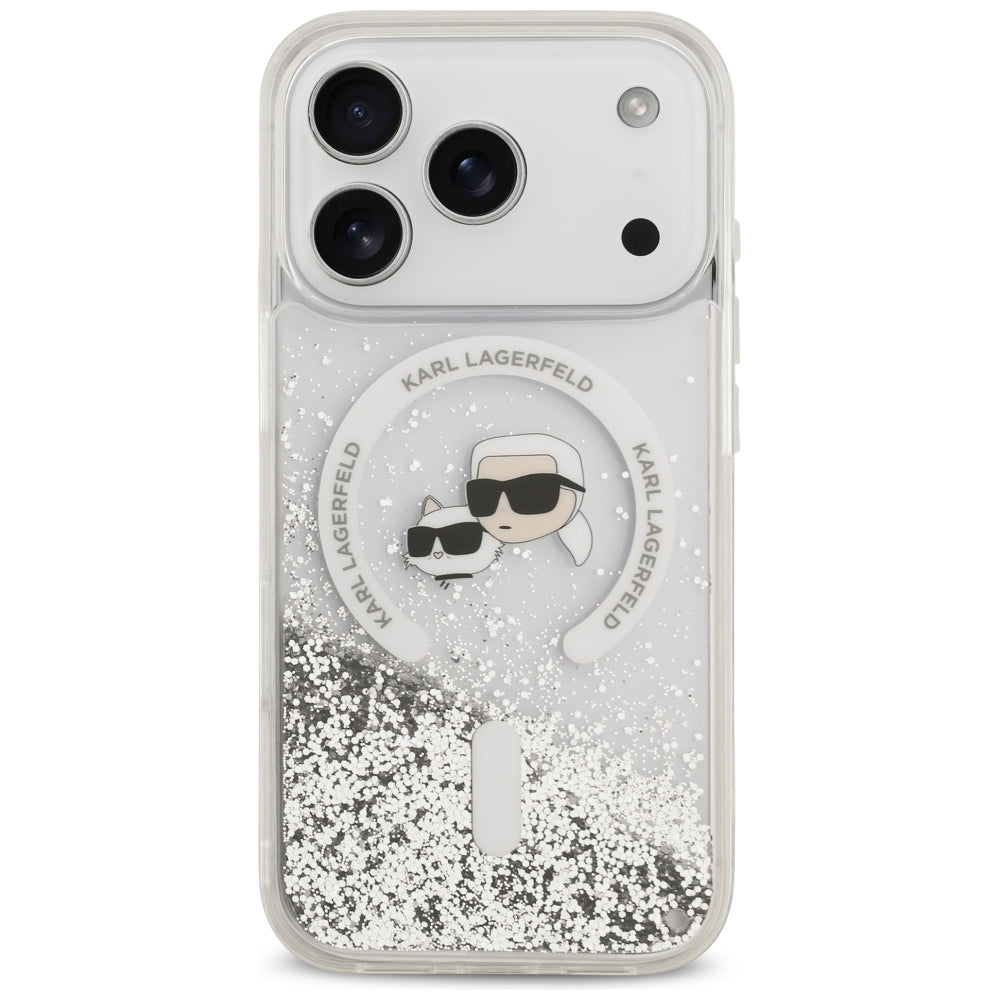 MagSafe Case for Apple iPhone 18 Pro / 17 Pro, Karl Lagerfeld, Liquid Glitter Karl & Choupette Head's, Transparent