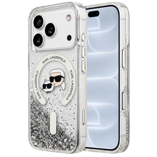MagSafe Case for Apple iPhone 18 Pro / 17 Pro, Karl Lagerfeld, Liquid Glitter Karl & Choupette Head's, Transparent