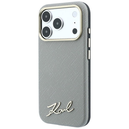 MagSafe Case for Apple iPhone 18 Pro / 17 Pro, Karl Lagerfeld, Saffiano Small Script Metal Logo, Gray Beige