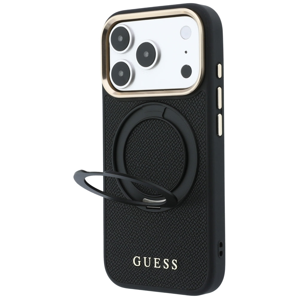 MagSafe Case for Apple iPhone 18 Pro Max / 17 Pro Max, Guess, Grained Ring Stand 360 Classic, Black