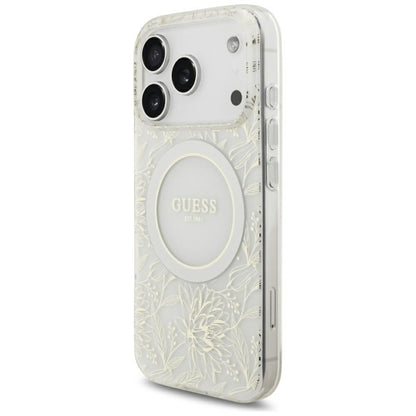 MagSafe Case for Apple iPhone 18 Pro Max / 17 Pro Max, Guess, IML Flowers Electroplated with Pearl Strap, White