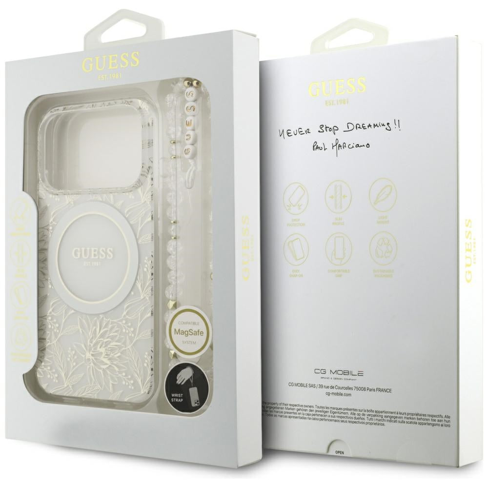 MagSafe Case for Apple iPhone 18 Pro Max / 17 Pro Max, Guess, IML Flowers Electroplated with Pearl Strap, White