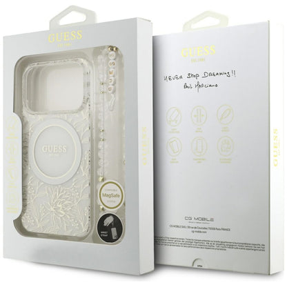 MagSafe Case for Apple iPhone 18 Pro Max / 17 Pro Max, Guess, IML Flowers Electroplated with Pearl Strap, White