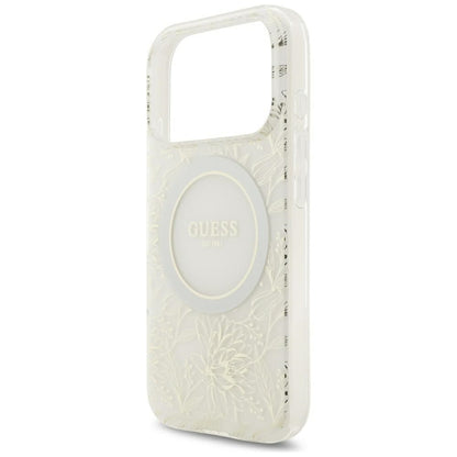 MagSafe Case for Apple iPhone 18 Pro Max / 17 Pro Max, Guess, IML Flowers Electroplated with Pearl Strap, White