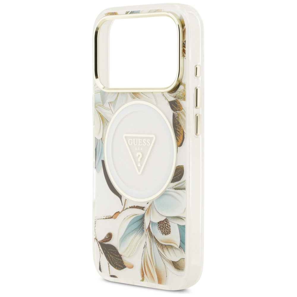 MagSafe Case for Apple iPhone 18 Pro Max / 17 Pro Max, Guess, IML Metal Glitter Flowers Triangle, White