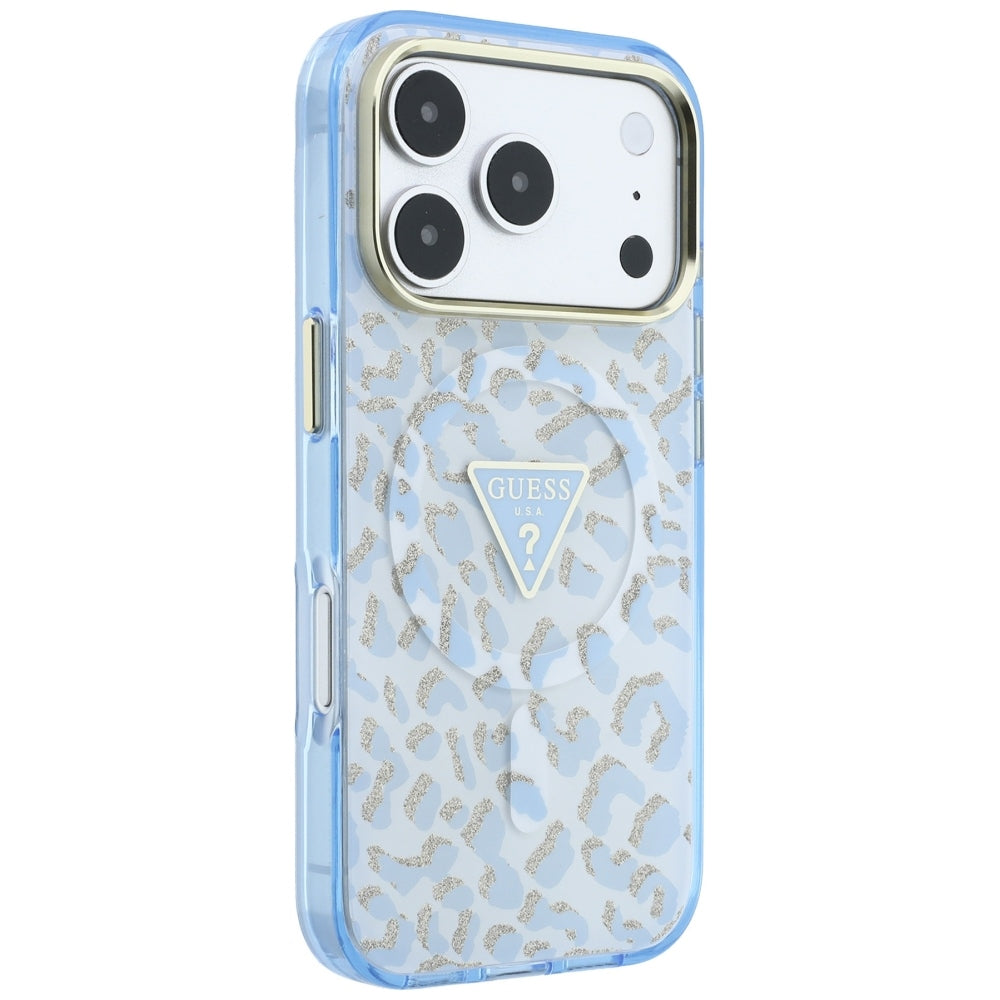 MagSafe Case for Apple iPhone 18 Pro Max / 17 Pro Max, Guess, Leopard Glitter Triangle Logo, Blue