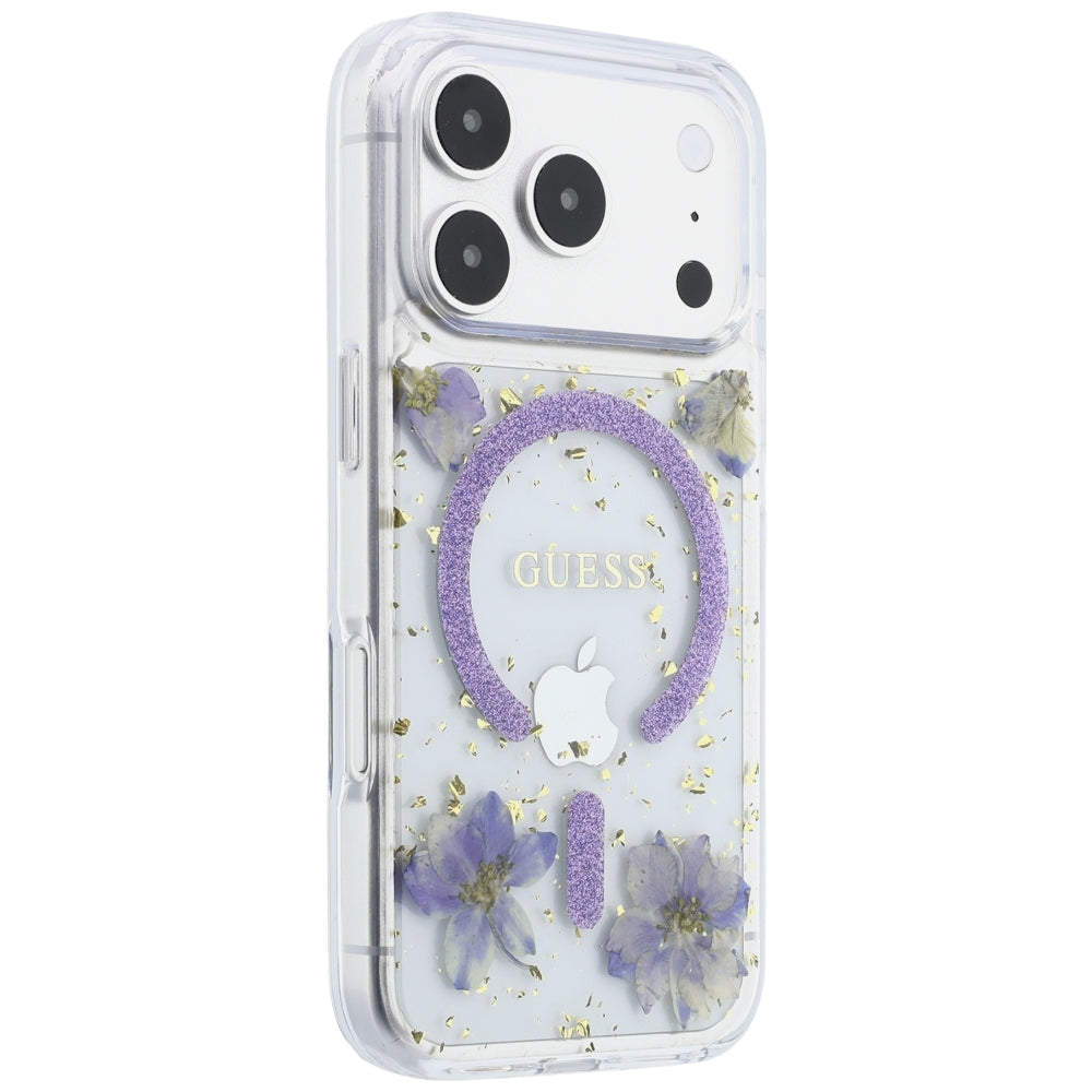 MagSafe Case for Apple iPhone 18 Pro Max / 17 Pro Max, Guess, Resin Flowers and Glitter, Purple