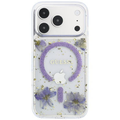 MagSafe Case for Apple iPhone 18 Pro Max / 17 Pro Max, Guess, Resin Flowers and Glitter, Purple