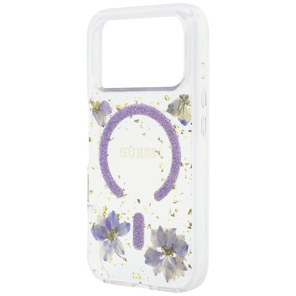 MagSafe Case for Apple iPhone 18 Pro Max / 17 Pro Max, Guess, Resin Flowers and Glitter, Purple