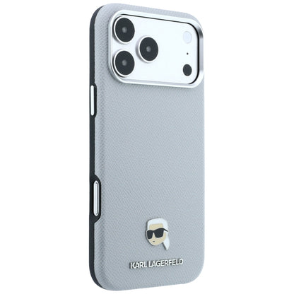 MagSafe Case for Apple iPhone 18 Pro Max / 17 Pro Max, Karl Lagerfeld, Grained Karl Head's Metal, Gray