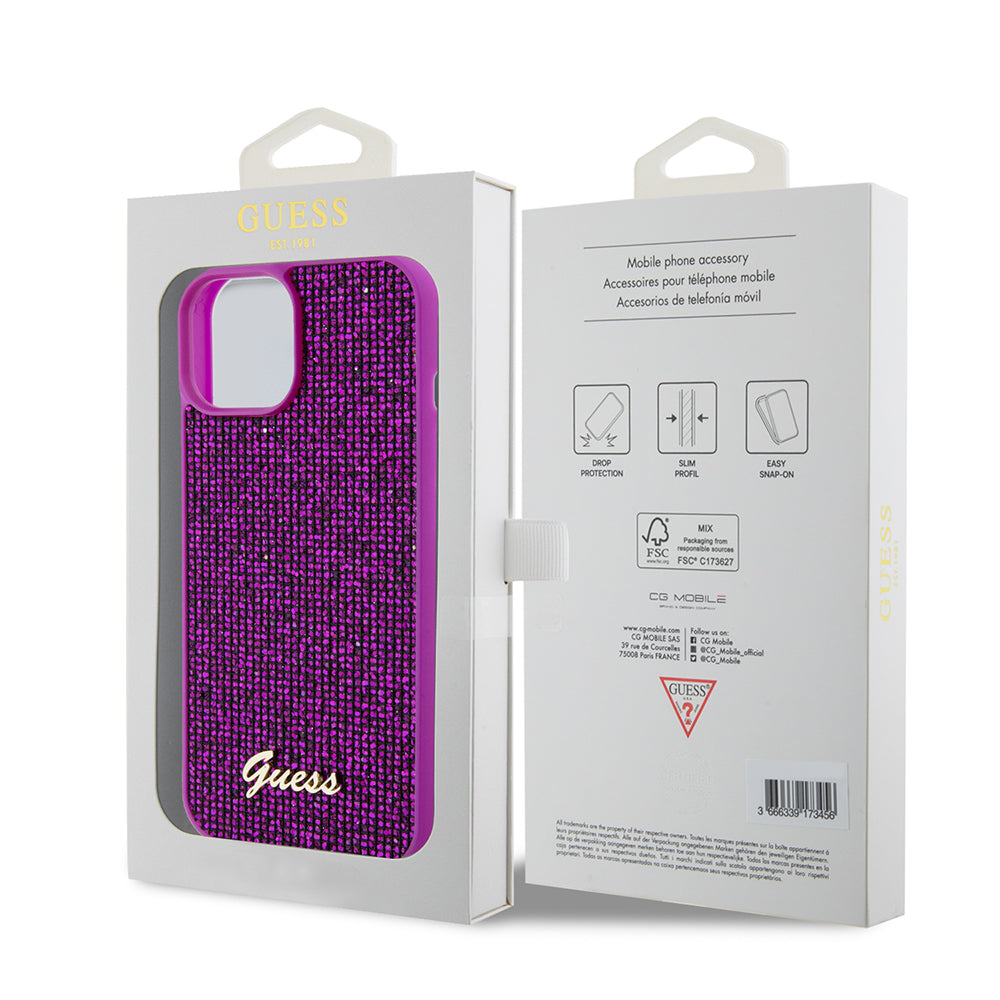 Case for Apple iPhone 15, Guess, Disco Metal Script, Fuchsia