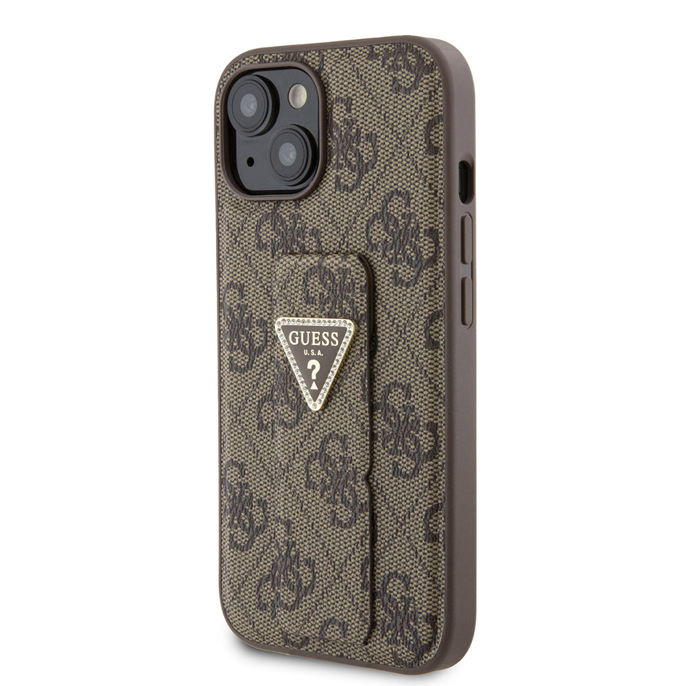 Case for Apple iPhone 15, Guess, Grip Stand 4G Triangle Strass, Brown