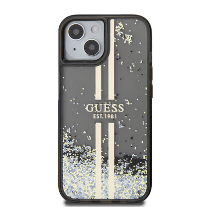 Case for Apple iPhone 15, Guess, Liquid Glitter Gold Stripes, Black
