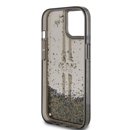 Case for Apple iPhone 15, Guess, Liquid Glitter Gold Stripes, Black