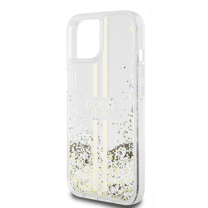Case for Apple iPhone 15, Guess, Liquid Glitter Gold Stripes, Transparent