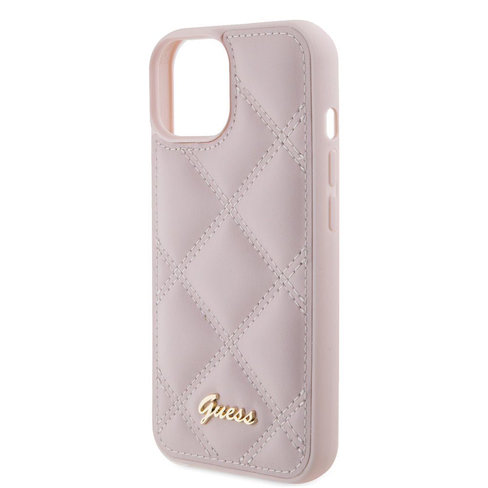 Case for Apple iPhone 15, Guess, Quilted Metal Logo, Pink