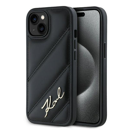 Case for Apple iPhone 15, Karl Lagerfeld, Diagonal Quilted Script, Black