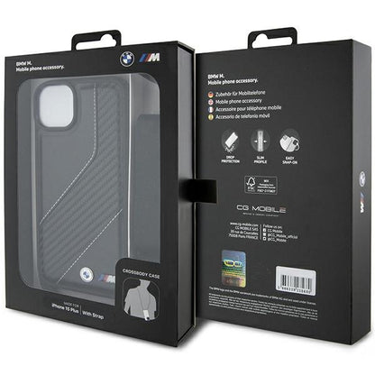 Case for Apple iPhone 15 Plus, BMW, M Edition Carbon Stripe & Strap, Black