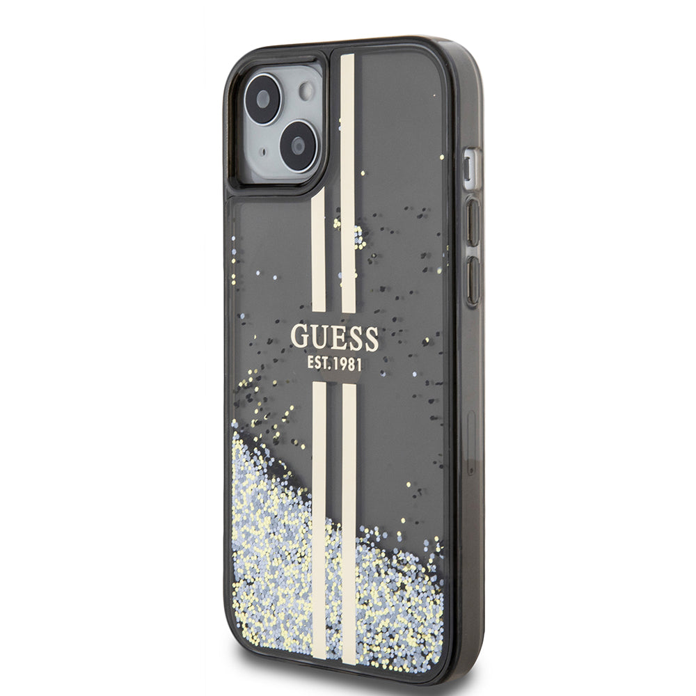 Case for Apple iPhone 15 Plus, Guess, Liquid Glitter Gold Stripes, Black