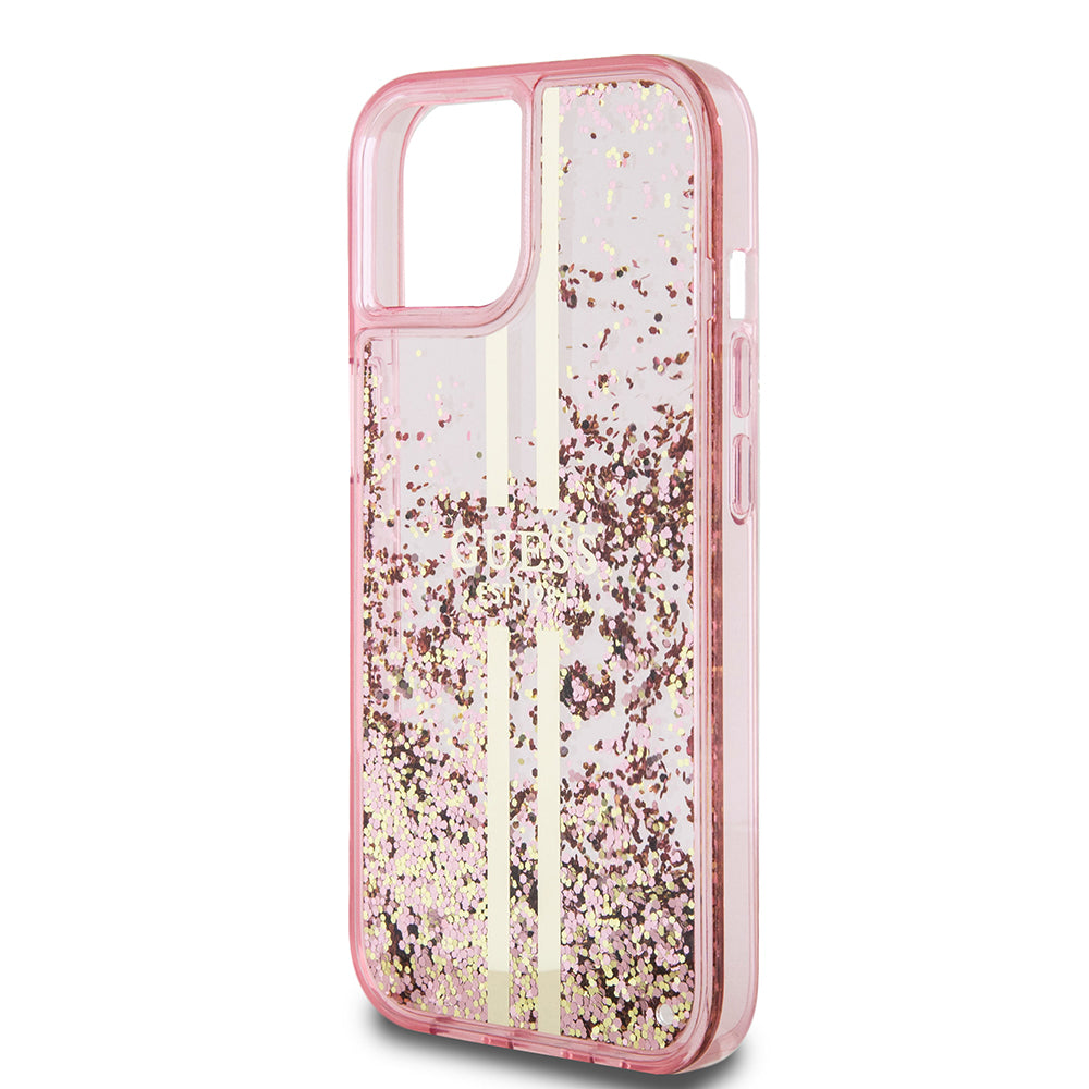 Case for Apple iPhone 15 Plus, Guess, Liquid Glitter Gold Stripes, Pink