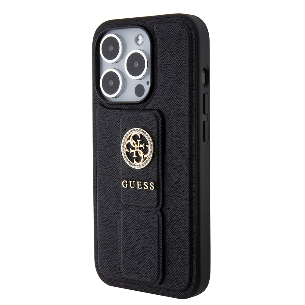 Case for Apple iPhone 15 Pro, Guess, Grip Stand 4G Saffiano Strass, Black