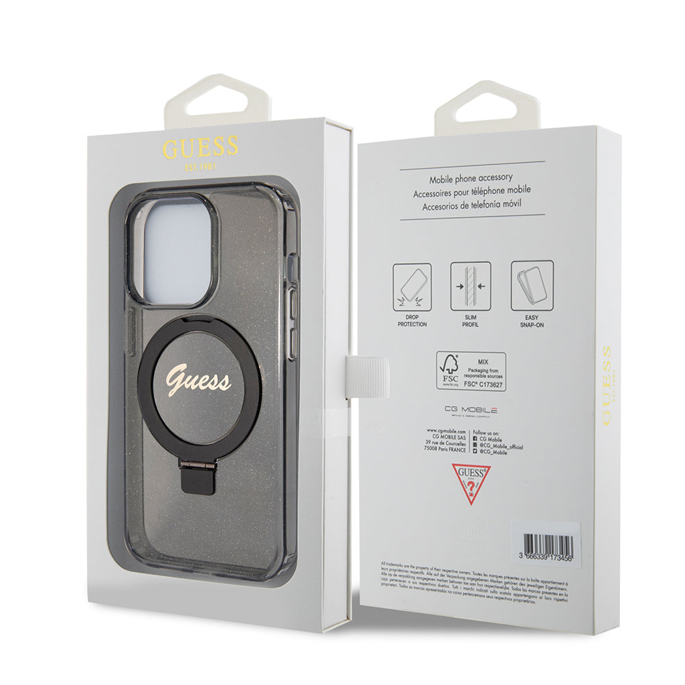 MagSafe Case for Apple iPhone 15 Pro, Guess, IML Ring Stand Glitter, Black