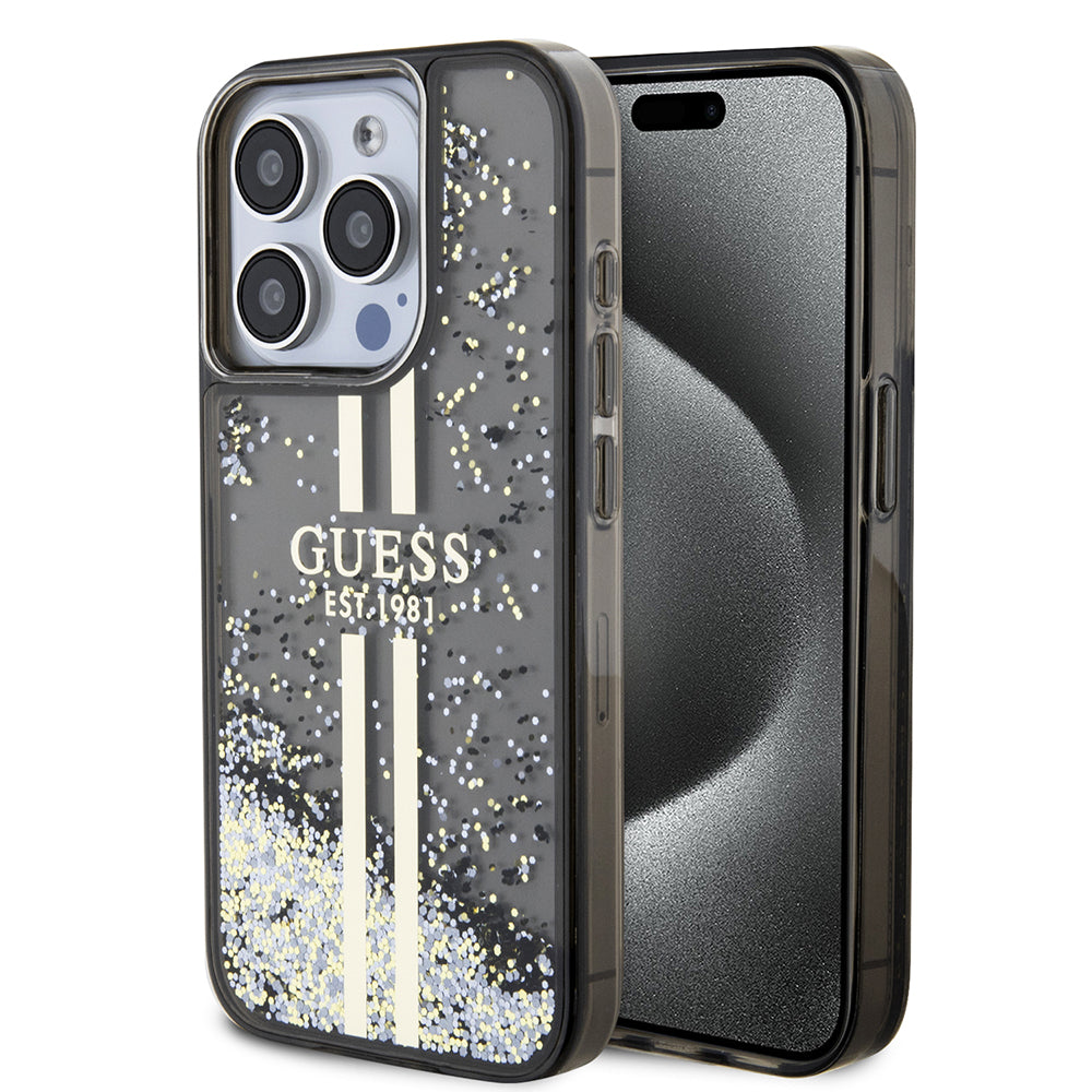 Case for Apple iPhone 15 Pro, Guess, Liquid Glitter Gold Stripe, Black