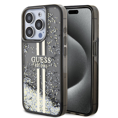 Case for Apple iPhone 15 Pro, Guess, Liquid Glitter Gold Stripe, Black