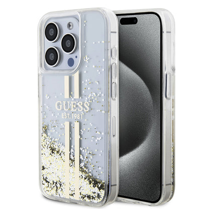 Case for Apple iPhone 15 Pro, Guess, Liquid Glitter Gold Stripes, Transparent