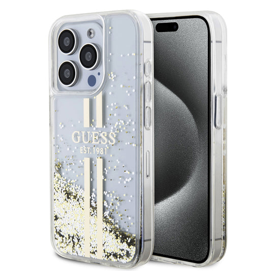 Case for Apple iPhone 15 Pro, Guess, Liquid Glitter Gold Stripes, Transparent