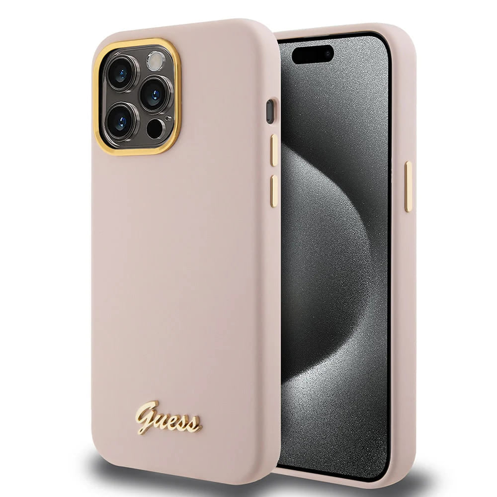 Case for Apple iPhone 15 Pro, Guess, Script Metal Logo & Frame, Light Pink