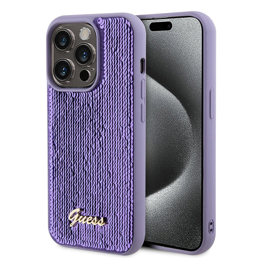Case for Apple iPhone 15 Pro, Guess, Sequin Script Metal, Purple