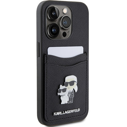 Case for Apple iPhone 15 Pro, Karl Lagerfeld, Saffiano Card Slot Metal Karl & Choupette, Black