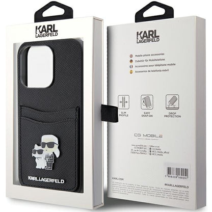 Case for Apple iPhone 15 Pro, Karl Lagerfeld, Saffiano Card Slot Metal Karl & Choupette, Black