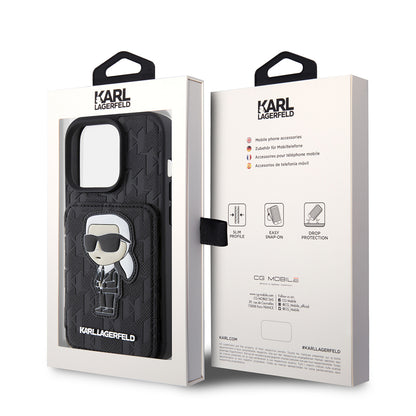Case for Apple iPhone 15 Pro, Karl Lagerfeld, Saffiano Cardslots and Stand Monogram Ikonik Karl, Black