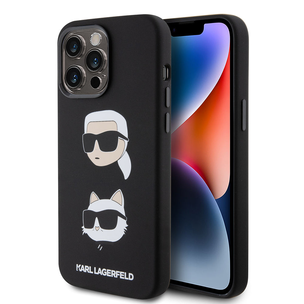 Case for Apple iPhone 15 Pro Max, Karl Lagerfeld, Silicone Karl & Choupette Heads, Black