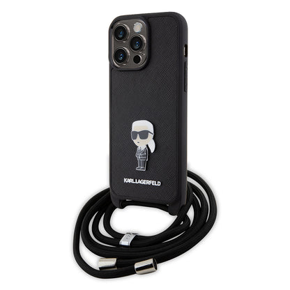 Case for Apple iPhone 15 Pro Max, Karl Lagerfeld, Saffiano Crossbody Monogram Metal Pin Karl, Black