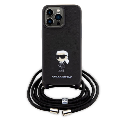 Case for Apple iPhone 15 Pro Max, Karl Lagerfeld, Saffiano Crossbody Monogram Metal Pin Karl, Black
