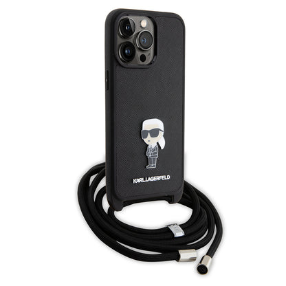 Case for Apple iPhone 15 Pro Max, Karl Lagerfeld, Saffiano Crossbody Monogram Metal Pin Karl, Black