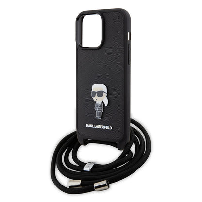 Case for Apple iPhone 15 Pro Max, Karl Lagerfeld, Saffiano Crossbody Monogram Metal Pin Karl, Black