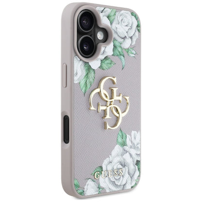 Case for Apple iPhone 16, Guess, 4G Grained Roses Big Logo, Purple