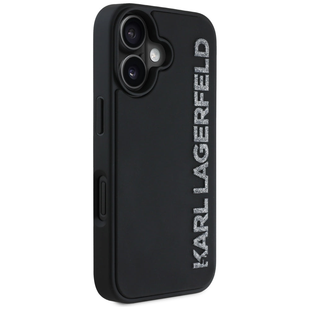 Case for Apple iPhone 16, Karl Lagerfeld, 3D Rubber Elongated Glitter Logo, Black