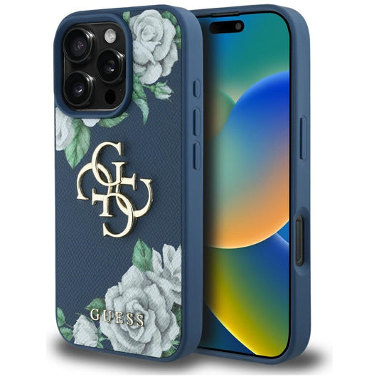 Case for Apple iPhone 16 Pro, Guess, 4G Grained Roses Big Logo, Blue