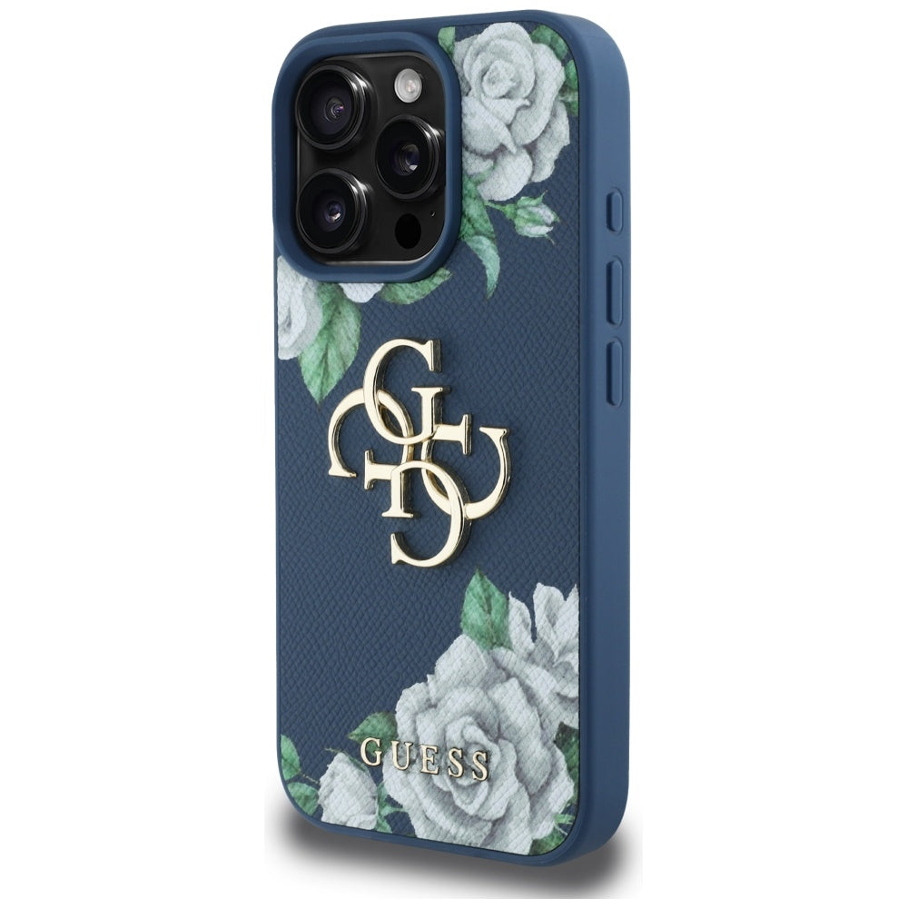 Case for Apple iPhone 16 Pro, Guess, 4G Grained Roses Big Logo, Blue