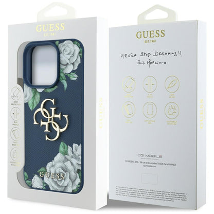 Case for Apple iPhone 16 Pro, Guess, 4G Grained Roses Big Logo, Blue