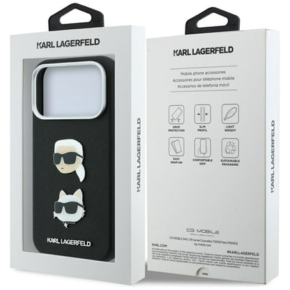 Case for Apple iPhone 18 Pro / 17 Pro, Karl Lagerfeld, Saffiano with Karl & Choupette Head's Pin and Logo, Black