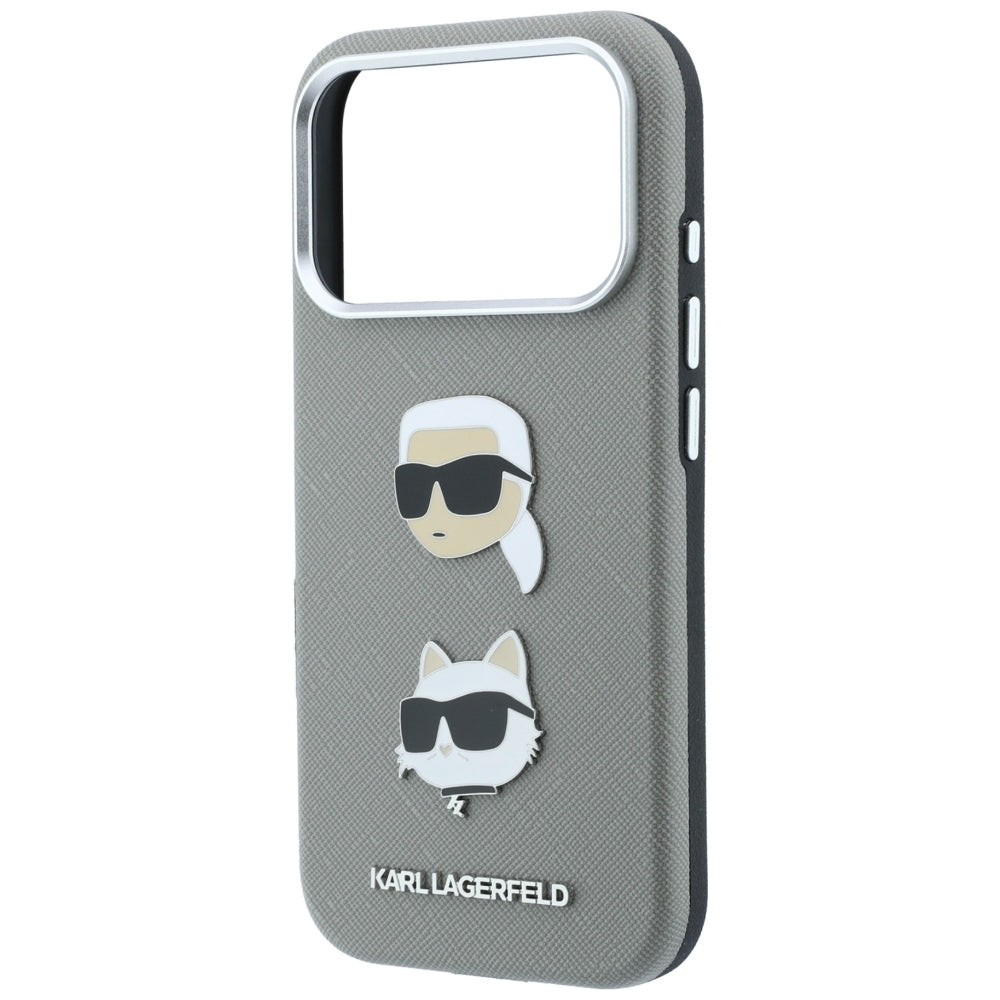 Case for Apple iPhone 18 Pro Max / 17 Pro Max, Karl Lagerfeld, Saffiano with Karl & Choupette Head's Pin and Logo, Gray