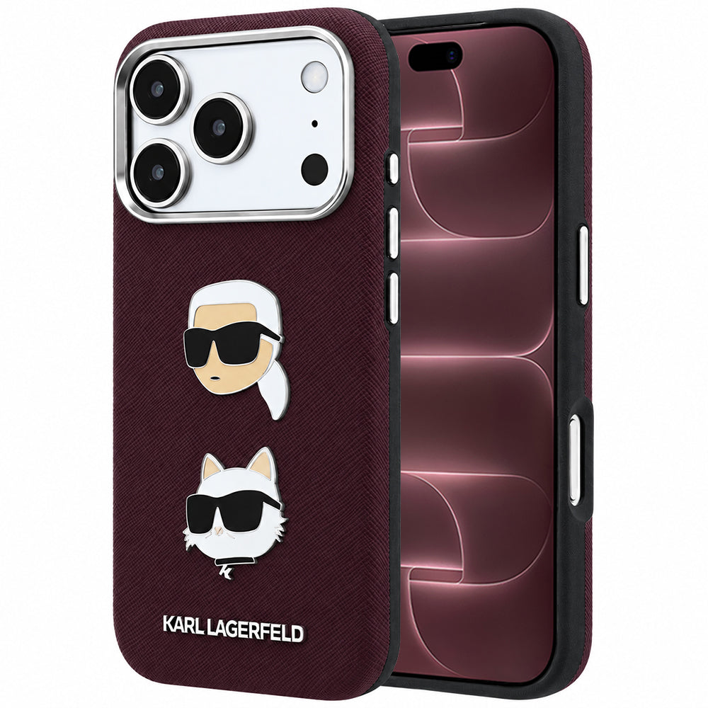 Case for Apple iPhone 18 Pro Max / 17 Pro Max, Karl Lagerfeld, Saffiano with Karl & Choupette Head's Pin and Logo, Burgundy