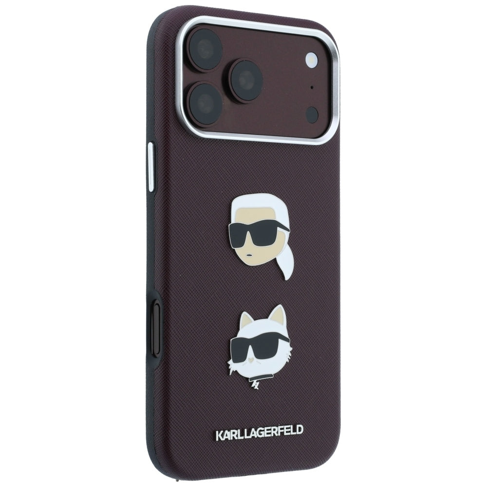 Case for Apple iPhone 18 Pro Max / 17 Pro Max, Karl Lagerfeld, Saffiano with Karl & Choupette Head's Pin and Logo, Burgundy