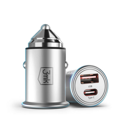 Car Charger 3MK Hyper, 45W, 3A, 1 x USB-A - 1 x USB-C, Silver 